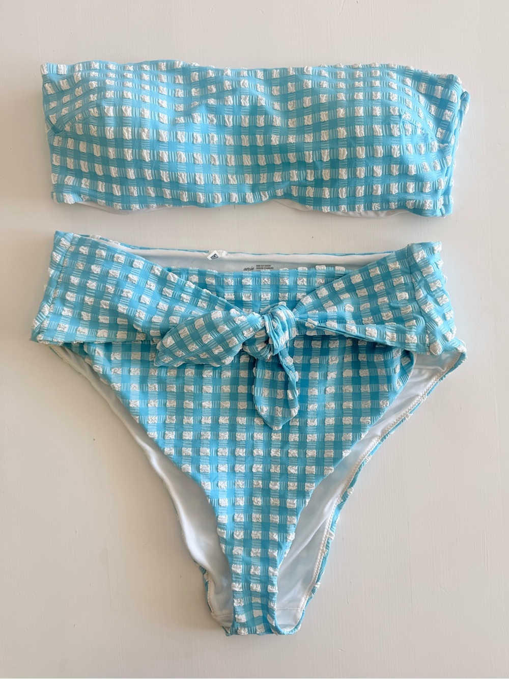 Aerie Gingham Bandeau Bikini textured strapless  top high waisted bottoms Swim